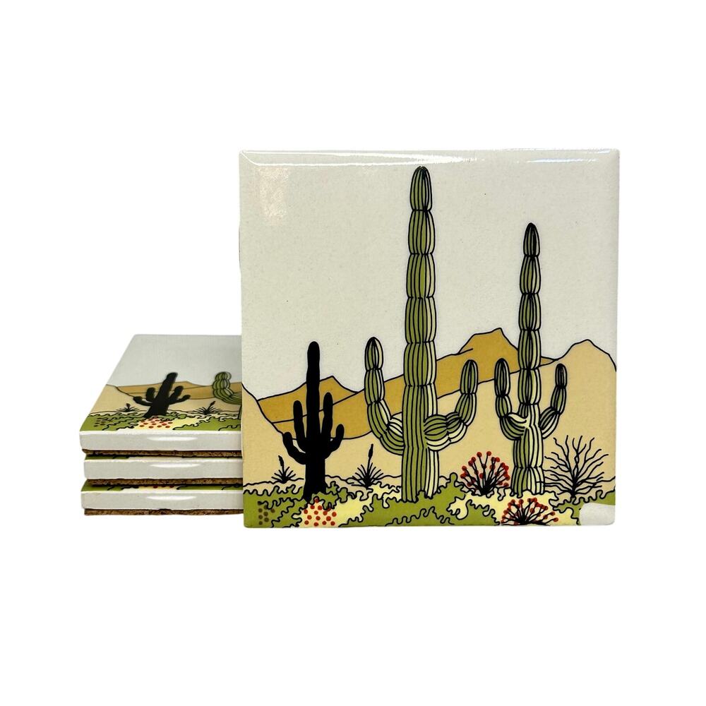 Set of 4 Saguaro Desert Cactus Ceramic Tile Coasters Southwestern Boho Cork Back